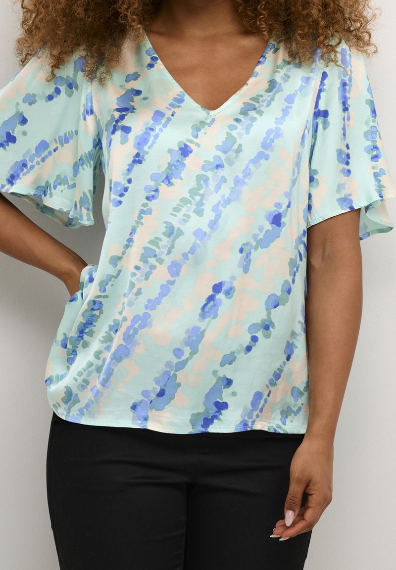 Top azzurro chiaro con scollatura a V e maniche a chimono, caratterizzato da un pattern astratto in tonalità di blu e pesca. Tessuto morbido con vestibilità comoda.