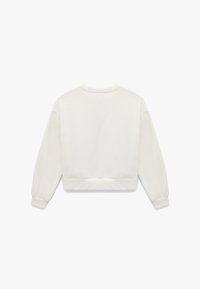 Hvid sweatshirt med lange ærmer, rund halsudskæring og ribbede manchetter. Har et cropped design og glat tekstur. Ingen synlig mærkelogo.