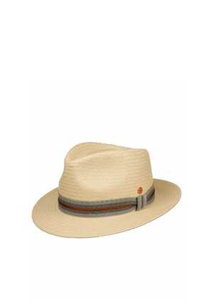 Beige woven fedora hat with gray and brown striped ribbon band and a small round emblem on the side.