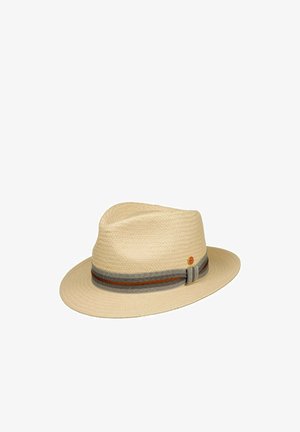 Beige woven fedora hat with gray and brown striped ribbon band and a small round emblem on the side.