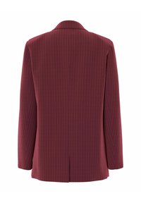 Burgundy pinstripe blazer with long sleeves and a single back vent, shown from the rear against a white background.