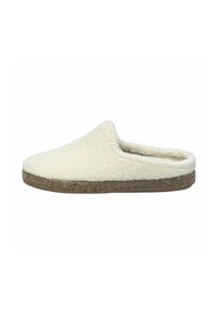 Crème-kleurige fleece sloffen met een zachte textuur, slip-on ontwerp, ronde neus en een duurzame bruine buitenzool. Geen zichtbare sluitingen.