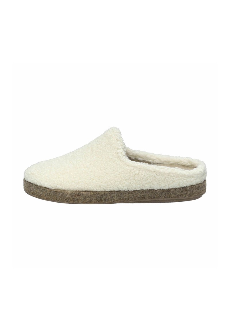 Crème-kleurige fleece sloffen met een zachte textuur, slip-on ontwerp, ronde neus en een duurzame bruine buitenzool. Geen zichtbare sluitingen.
