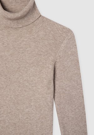 Maglione beige a collo alto in maglia a costine, realizzato in tessuto lavorato, con colletto alto e maniche lunghe aderenti. Aspetto morbido e accogliente.