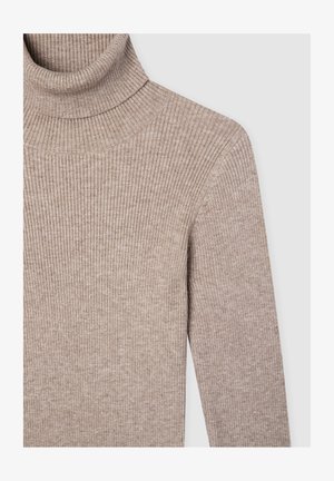 Maglione beige a collo alto in maglia a costine, realizzato in tessuto lavorato, con colletto alto e maniche lunghe aderenti. Aspetto morbido e accogliente.