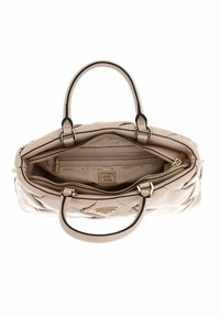 Borsa a tracolla beige trapuntata con dettagli neri, due manici corti, hardware dorato e un ampio interno con diversi scomparti.