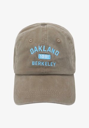 Brown baseball cap with light blue embroidered text "OAKLAND 1991 BERKELEY" on the front panel.