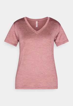 V-hals T-shirt in een verloop van roze tinten, gemaakt van een zachte, gestructureerde stof met korte mouwen en een subtiel logo detail aan de voorkant.