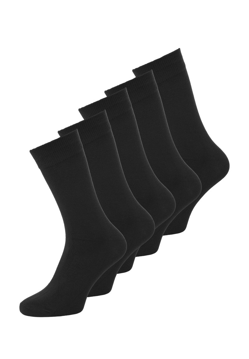 Fünf Paar schwarze Baumwollsocken mit glatter Textur, Knöchellänge und gerippten Bündchen für einen sicheren Sitz. Keine Muster oder Akzente vorhanden.