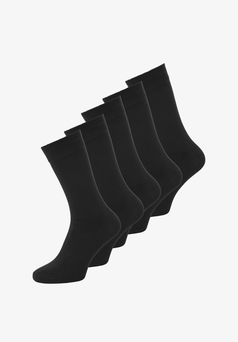 Five pairs of black cotton socks with a smooth texture, ankle length, and ribbed cuffs for a secure fit. No patterns or accents present.