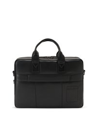 Schwarze Aktentasche aus Leder mit doppelten oberen Griffen, Reißverschluss und vorderer Tasche. Glatte Textur und rechteckige Form. Minimalistisches Design.