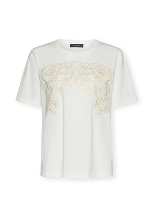 Witte T-shirt met korte mouwen, beige bloemenborduursel over de borst, ronde hals en gladde stoftextuur.