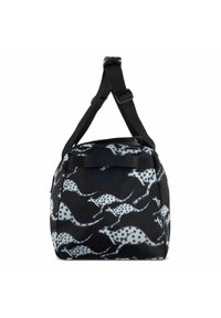 Black bag with a gray and white animal print, featuring a sturdy shape, adjustable strap, and top carry handle. Textured fabric surface.