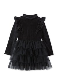 Abito nero con maniche lunghe, parte superiore a coste e dettagli a volant, gonna in tulle a strati, texture morbida e scollatura alta.