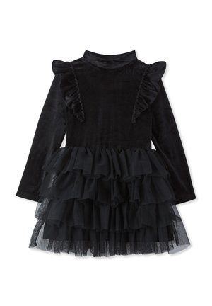 Abito nero con maniche lunghe, parte superiore a coste e dettagli a volant, gonna in tulle a strati, texture morbida e scollatura alta.