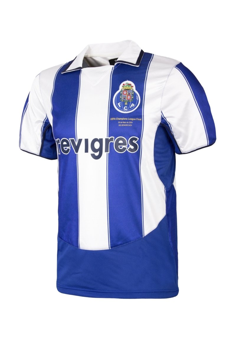 Blauw-wit gestreepte voetbalshirt met een kraag, met een clublogo en tekst. Gemaakt van een lichtgewicht stof met een soepele textuur.