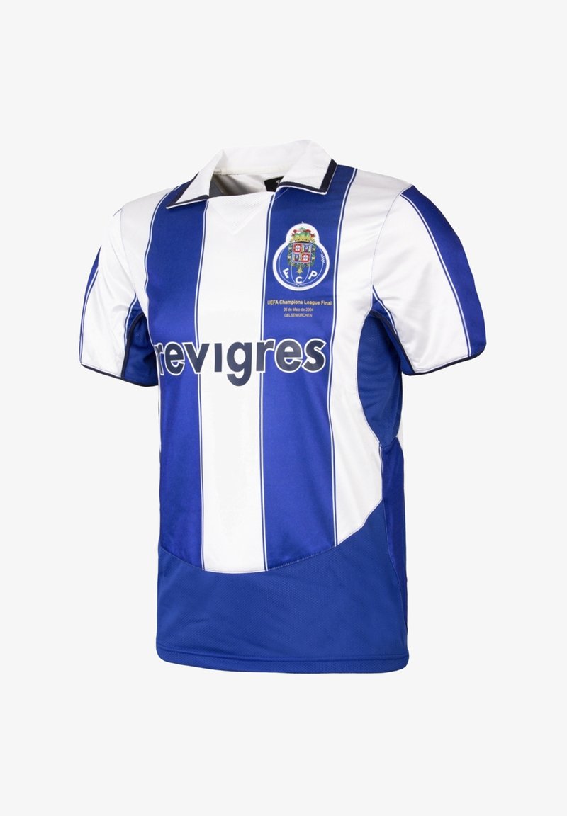 Blauw-wit gestreepte voetbalshirt met een kraag, met een clublogo en tekst. Gemaakt van een lichtgewicht stof met een soepele textuur.