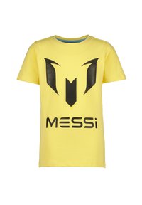 Gelbes Baumwoll-T-Shirt mit kurzen Ärmeln, das auf der Vorderseite ein großes schwarzes Logo und den Text "MESSI" zeigt. Runder Halsausschnitt, lässige Passform.