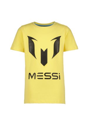 Gelbes Baumwoll-T-Shirt mit kurzen Ärmeln, das auf der Vorderseite ein großes schwarzes Logo und den Text "MESSI" zeigt. Runder Halsausschnitt, lässige Passform.