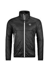 Schwarze isolierte Jacke mit hohem Kragen, Rautensteppmuster, weißem Reißverschluss und Logo auf der Brust. Verfügt über zwei seitliche Reißverschlusstaschen.