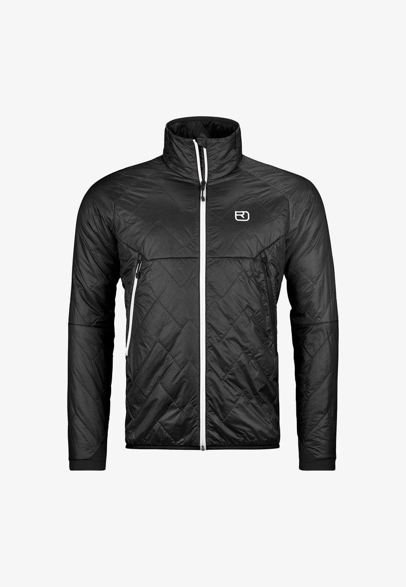 Black insulated jacket with a high collar, diamond quilted pattern, white zipper, and logo on the chest. Features two side zip pockets.