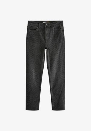 Sorte denimjeans med et perforeret design med jævnt fordelte huller. Klassisk fem-lommes stil og en standard knaplukning.