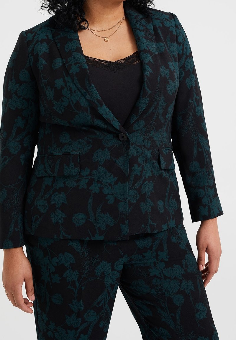 Svart kavaj med ett intrikat blommönster i teal, med notch-krage, en enda knappstängning och två framfickor.