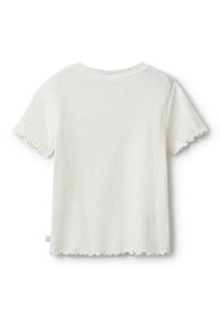 Bílý ribbed tričko s krátkými rukávy, vlnkovým lemem a kulatým výstřihem. Tkanina je měkká a mírně elastická.