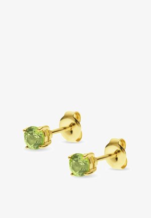 Goldene Steckerohrringe mit runden, hellgrünen Edelsteinen, die in Vierkantfassungen eingesetzt sind, vor einem weißen Hintergrund gezeigt.