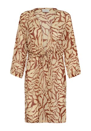 Ilgas, lengvas kimono smėlio spalvos su rudu lapų raštu. Turi gilaus v-kaklo iškirpimą ir liemens raištį, leidžiantį pritaikyti tinkamą dydį.