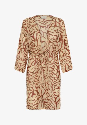 Ilgas, lengvas kimono smėlio spalvos su rudu lapų raštu. Turi gilaus v-kaklo iškirpimą ir liemens raištį, leidžiantį pritaikyti tinkamą dydį.