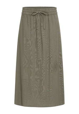 Knieumspielter Rock in Olivgrün mit elastischem Bund und Kordelzug, hergestellt aus leichtem, strukturiertem Stoff.