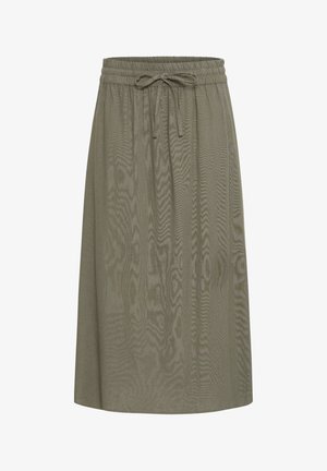 Jupe longueur genou de couleur vert olive avec une taille élastique et un cordon de serrage, fabriquée en tissu léger et texturé.