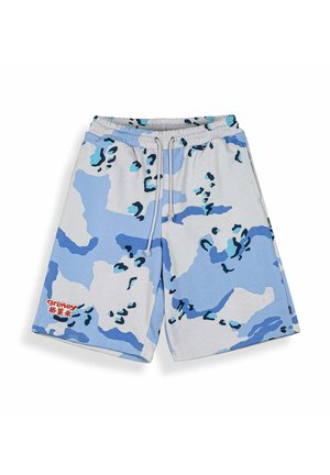 Hellblaue und weiße Tarnshorts mit schwarzen Akzenten, elastischem Bund, Kordelzug und rotem Logo-Schriftzug am linken Bein.