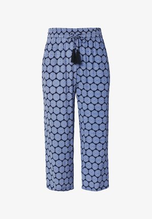 Pantaloni a gamba larga con fantasia blu e bianca, vita elasticizzata e coulisse nera con nappine sul davanti.
