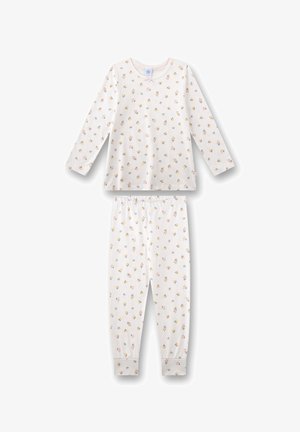 Cotton pajama set with long sleeves and elastic waistband. Features floral print on a white background, soft texture, and ribbed cuffs.