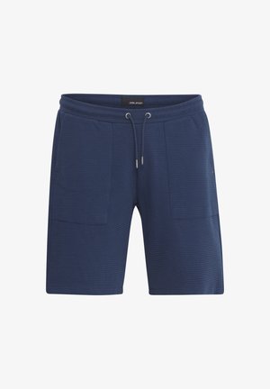 Marineblauwe shorts van textuurmateriaal, met twee voorzakken, een elastische tailleband met trekkoord en een subtiele merklogo-detail.