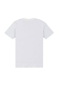 Vit bomullströja med korta ärmar och rundad halsringning. Bakvy, med en slät textur utan synliga mönster eller detaljer.