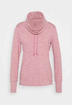 Langärmliger, rosa melierter Damenpullover mit weitem Kragen und verstellbaren Kordeln.