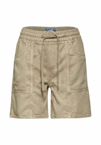 Beige shorts made of soft fabric with an elastic waistband and drawstring. Features front pockets and contrasting stitching details.