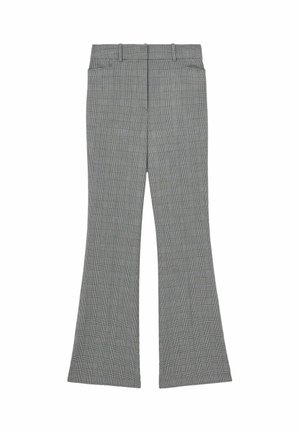 Šedé kostkované kalhoty s rozšířenými nohavicemi, hladkým materiálem, s pasem a detaily na zadní kapse, které ukazují kostkovaný vzor.