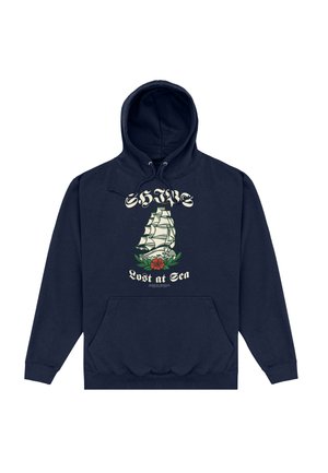 Marineblauer Hoodie mit einem weißen Segelschiff-Grafik, grünen Blättern, einer roten Blume und dem Text "SHINE" sowie "Lost at Sea" auf der Vorderseite.