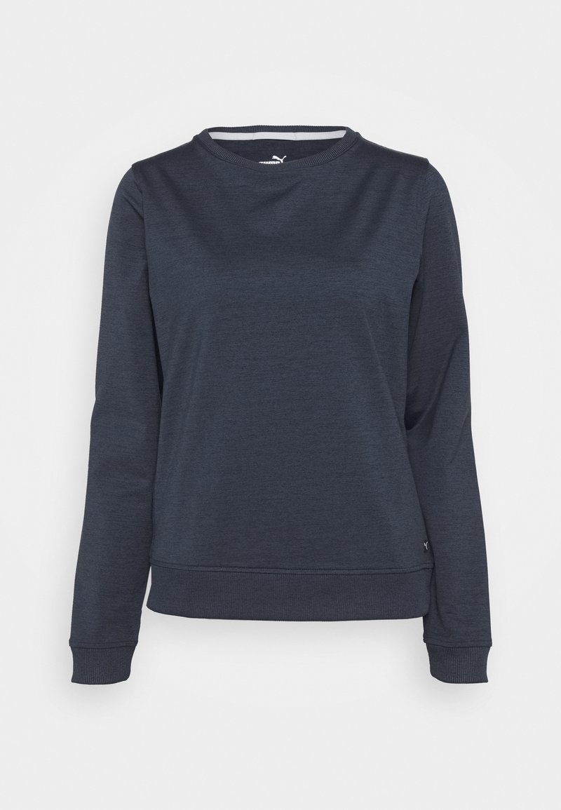 Sweat-shirt bleu foncé à manches longues et col rond avec poignets et bas côtelés, avec un petit logo Puma près du bas.