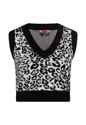 Bez piedurknēm melnbalts leoparda printa veste ar purpura akcentiem, ar V-veida kakla izgriezumu un ribota kakla un apakšmalas dizainu.
