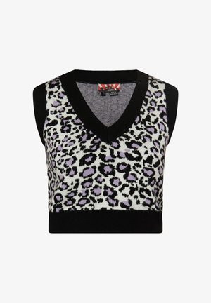 Sømløs sort og hvid leopardprint vest med lilla detaljer, der har en V-halsudskæring samt ribbet halskant og kant.