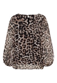 Bluse med leopardmønster i en afslappet pasform, gennemsigtigt stof, rund halsudskæring og nøglehul bagpå. Lange, puffede ærmer og sorte detaljer.