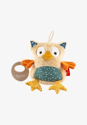 Giocattolo a forma di gufo in peluche beige con ali arancioni, piedi gialli, pancia decorata con motivo turchese e anello da dentizione beige con logo del marchio.