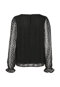 Black long-sleeve blouse featuring textured fabric, geometric patterns on sleeves, and a modest back opening with ruffled cuffs.
