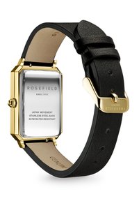 Reloj rectangular de acero inoxidable dorado con una correa de cuero genuino negro, que presenta un dial sencillo y una resistencia al agua de 3 ATM.