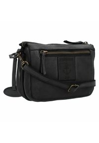 Borsa a tracolla nera in pelle con tasca con zip, logo in rilievo e tracolla regolabile. Caratterizzata da una texture liscia e un design minimalista.